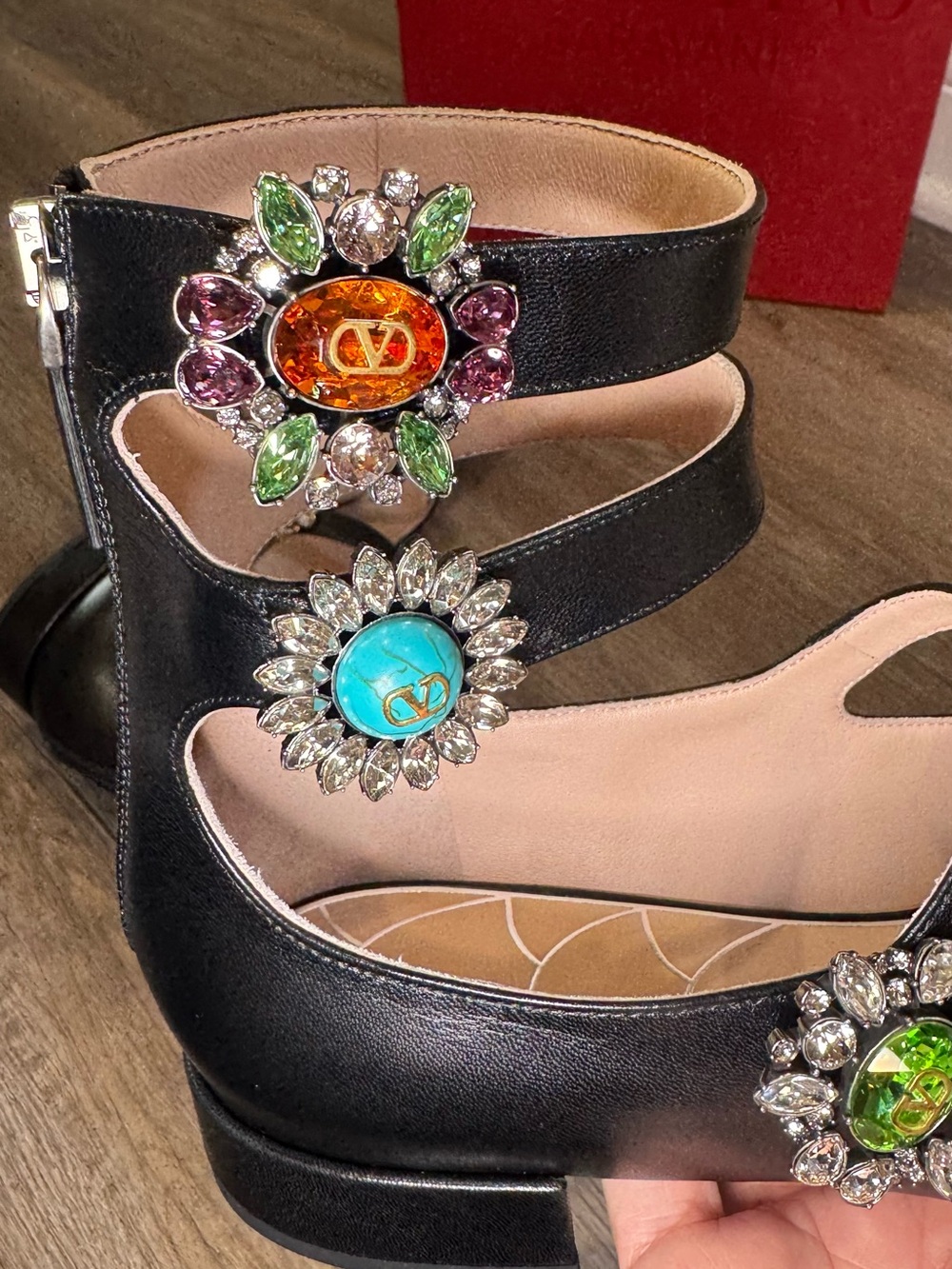 Valentino Garavani Preshoes Jewel Button Logo Ballerina Gladiator Zip Flats - Picture 10 of 16